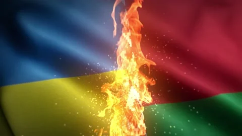Ukraine versus Belarus flag on fire loop animation Video stock 176545747