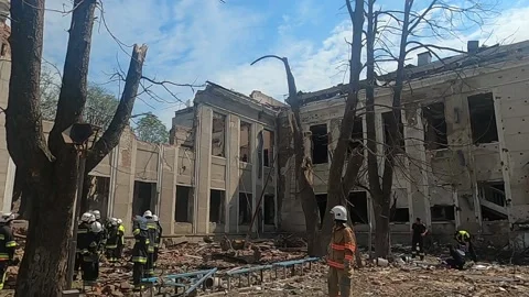 Ukraine Vinnitsa terrorist strike with 3 Caliber missiles in the city center Stock Footage 201473147