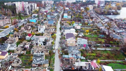 Ukraine War Drone View of Destroyed Houses in Irpin, Kyiv Region Vídeos de archivo 228456964
