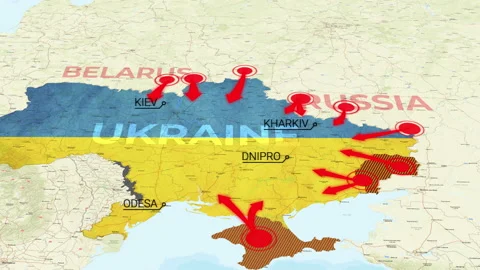 Ukraine war map, Animated map of Russia invasion of Ukraine, the movement of Stock Footage