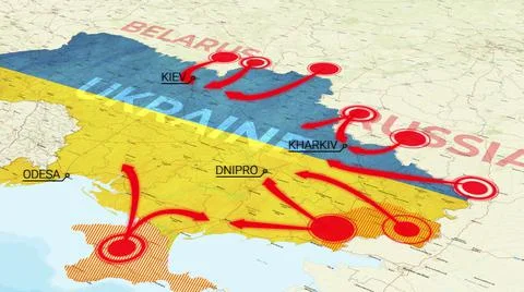 Ukraine war map, Animated map of Russia invasion of Ukraine, the movement of Stock-Illustration