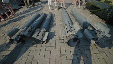 Ukraine War. russian rocket. Destroyed burnt Russian military equipment. Stock Footage 201687459