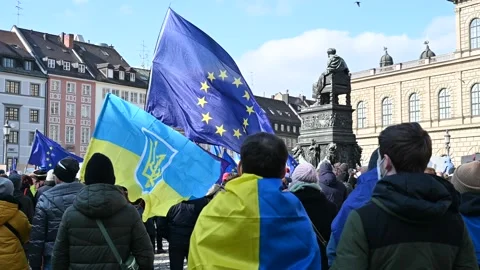 Ukrainian and EU Flags at Protest against Ukraine War in Munich, Germany Stock Footage 171431544