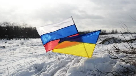 Ukrainian and Russian flags flutter in the field Video stock 46005627