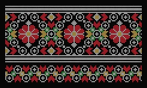 Ukrainian Bead Pattern with Red Flowers on Black Stock Illustration