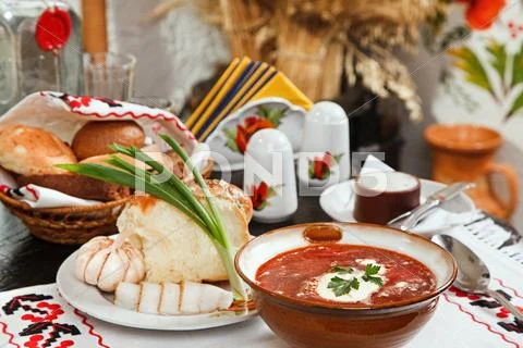 Ukrainian borsch, red-beet soup with pampushki, lard and garlic Stock Photos