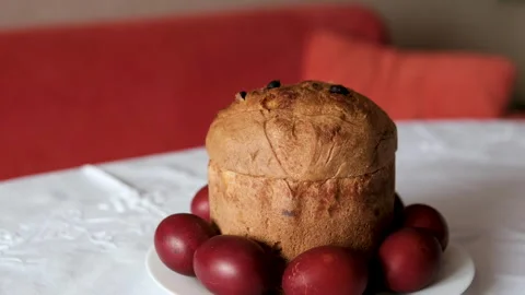 Ukrainian Easter table painted eggs panettone white tablecloth festive food Stock Footage 345848516