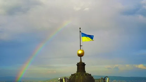 Ukrainian flag and rainbow Video stock 193959256