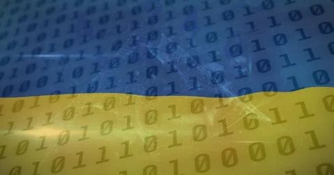 Ukrainian flag with binary code displays blue and yellow resilience 写真素材