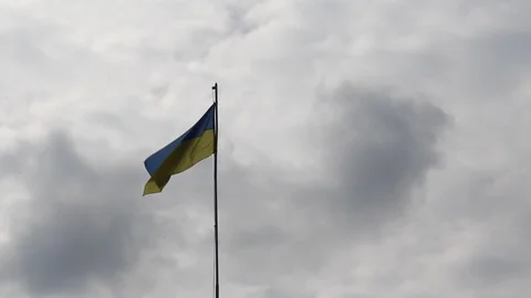 Ukrainian Flag Blows in Wind on a Cloudy Day Stock Footage 124432365