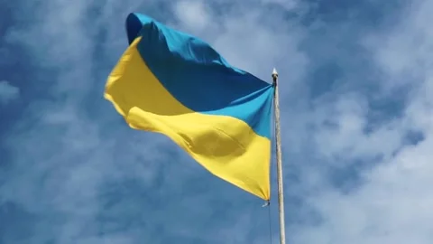 Ukrainian flag is developing against the blue sky Stockbeeldmateriaal 133174030