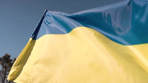 Ukrainian flag on a flagpole. blue sky background. Видео 171936483