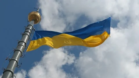 Ukrainian flag on a flagpole flutters in the wind and cloudy sky Stock Footage 296688772