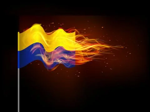 Ukrainian flag in flames. Illustrates the problem of armed conflict in Ukrain Stock Illustration