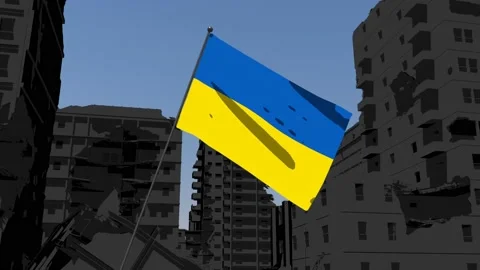 Ukrainian flag flies victorious over a war torn city. Stock Footage