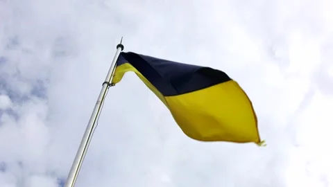 The Ukrainian flag flutters against a gray, overcast sky. Stock Footage 337651555