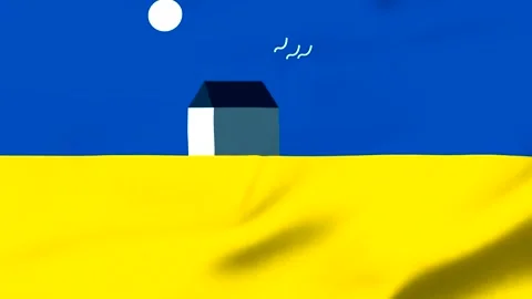 Ukrainian flag with a geometric shape and moon illustration Stock Footage 343573475