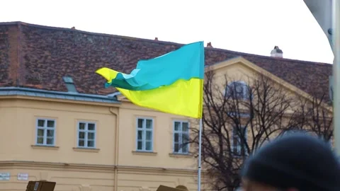 An Ukrainian flag at a protest in Vienna Video stock 171126820