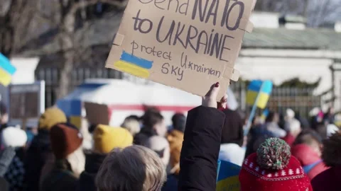 Ukrainian Flag, Protesters, Send NATO Posters, Protest Against The Russian War Stock Footage 171107760