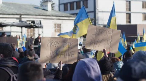 Ukrainian Flag, Protesters, Stop War Posters, Protest Against The Russian War Stock Photos