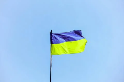 Ukrainian flag in the rays of the rising sun on a background of sky Stock Photos