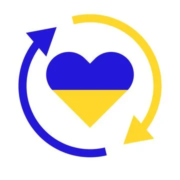 Ukrainian flag with rotating arrow and heart symbol. Stock Illustration