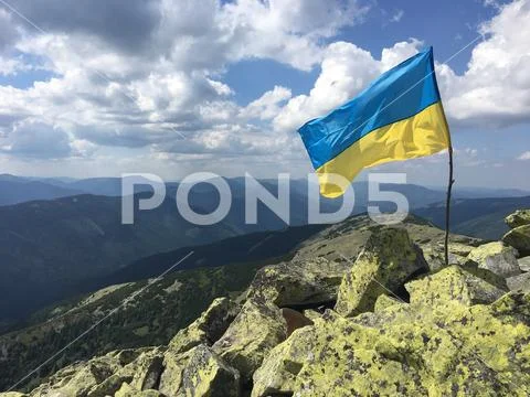 Ukrainian flag on the top of Carpathians mountains Stock Photos
