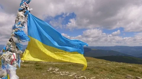 The Ukrainian flag on the top of the mountain develops in the wind. Flag painted 스톡 동영상 73855036