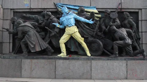 The Ukrainian flag was painted on a Soviet Army Monument in Sofia Stock Footage 35527570