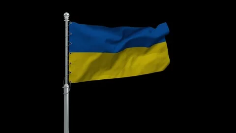 Ukrainian flag waving on chrome pole against black background for national .. Vidéo 342075537