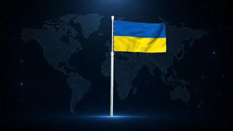Ukrainian flag waving in front of a digital world map. Stock Footage 340414325