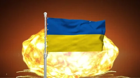 Ukrainian flag waving on a pole in front of a giant nuclear explosion cloud.. Stock Footage 341868813