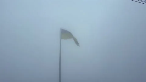 Ukrainian flag waving slowly in dense fog on a gloomy day Stock Footage 284841231