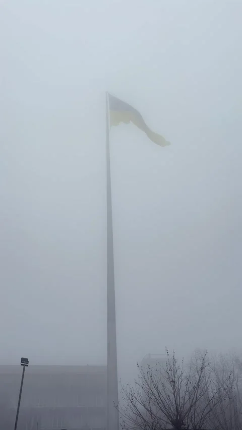 Ukrainian Flag Waving on Tall Flagpole in Foggy Autumn Weather Vertical Video Stock Footage 282534493