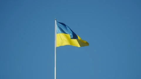 Ukrainian flag waving in the wind on a pole in the blue sky Stock Footage 314858743