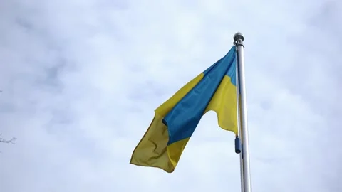 The Ukrainian flag in the winв against a cloudy sky Stock Footage 192060748