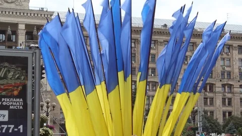 Ukrainian Flags blowing in wind Stock Footage 124094682