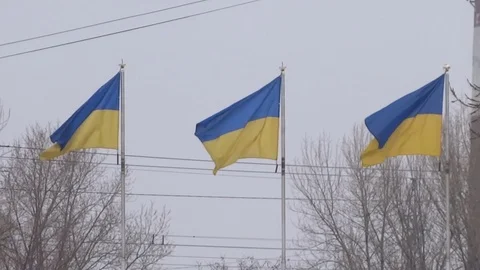 Ukrainian flags on flagpole, closeup. Symbol of Ukraine. Stock Footage 70352965