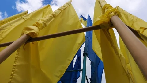 Ukrainian flags fluttering in the wind against a blue sky. Bright saturated yell Stock Footage 112079960