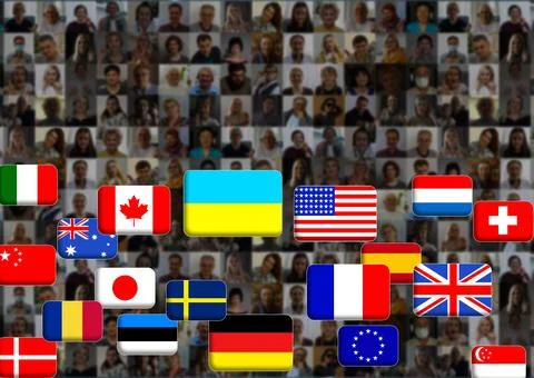 Ukrainian flags placed on flags of the world. Ukraine crisis and Conflict Stock Photos