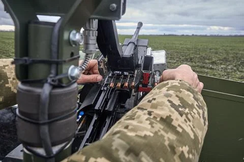 Ukrainian forces test new automatic air defense machine gun, Undisclosed, Ukrain Stock Photos