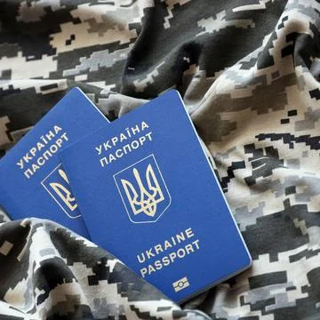Ukrainian foreign passport on fabric with texture of military pixeled camo... Stock Photos