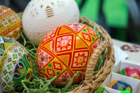 Ukrainian handmade painted Easter eggs. Pysanka - traditional cultural egg pa Stock Photos