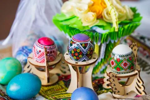 Ukrainian handmade painted Easter eggs. Pysanka - traditional cultural egg pa Stock Photos
