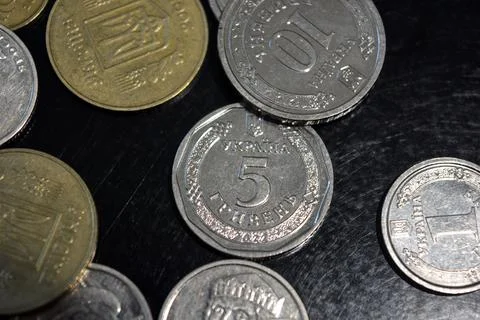 Ukrainian money, metal coins of 10, 25, 50 kopecks, 1, 2, 5, 10 hryvnias Stock Photos
