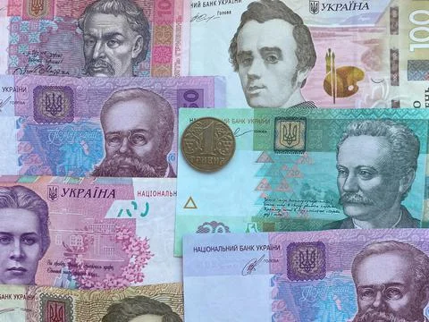 Ukrainian money texture from different notes.Ukraine currency Stock Photos