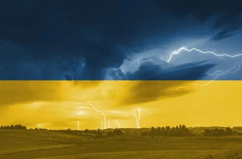 Ukrainian national flag pattern with storm, war concept Stock Photos