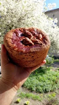 Ukrainian Paska Easter cake pie held in hand against blooming trees during .. Stock Photos