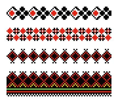 Ukrainian Pixel Border Ornament Set Red Black Stock Illustration