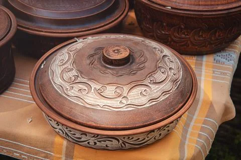 Ukrainian pottery on the table Stock Photos